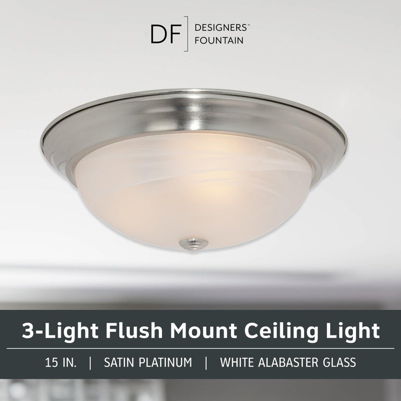 Designers Fountain 15 in Modern 3-Light Flush Mount Ceiling Light, Satin Platinum with Alabaster Glass Shade, 1257L-SP-AL - Image 2
